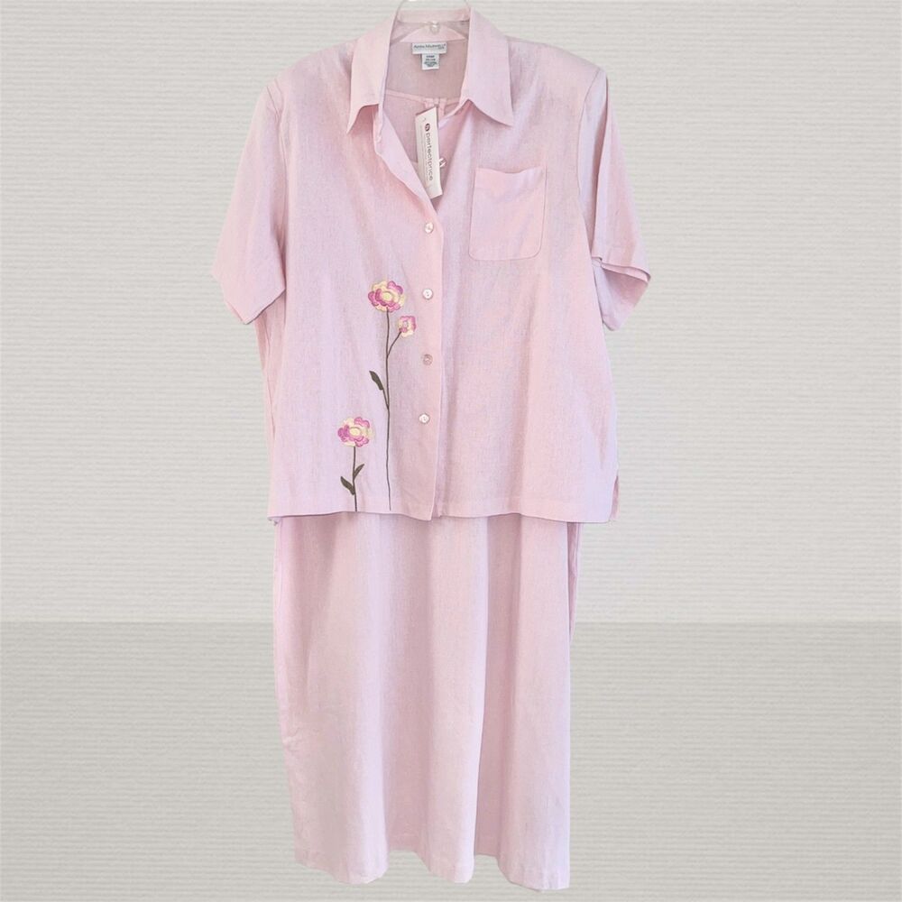 Anna Maxwell Pink Linen Maxi Dress Set Plus Size 3X WP Embroidered Short Sleeve